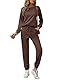 REORIA Damen Tracksuit Langarm Rundhalsausschnitt Einfarbig Zweiteiler Outfit Hoodie Jogger Trainingsanzug Set Sweatshirt & Jogginghose Kaffee M