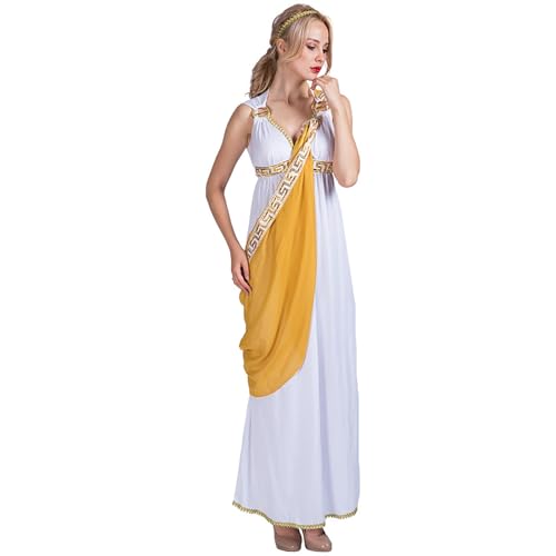 Raopuzi Disfraz Romana Mujer de Diosa Griega con Diadema Toga Histórico Disfraz Vestido Emperatriz Romana Dorado Y Blanco Trajes Halloween Mujer Túnica Disfraces de Romanos para Halloween, Carnaval