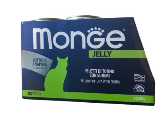 Monge Jelly natural superpremium quality Filetes de atún con surimi para gatos, cocción al vapor. Paquete de 24 cajas (80 gr. el uno). Sin colorantes ni conservantes