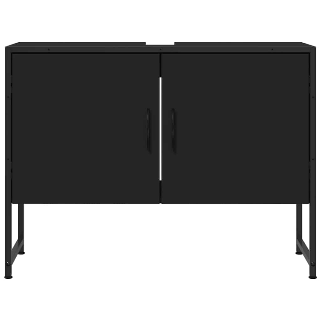 Szafka pod umywalkę, czarna, wykonana z materiału drewnopochodnego i stali malowanej proszkowo, 80 x 33 x 60 cm, z miejscem do przechowywania i otworem na syfon, do łazienki, mebli