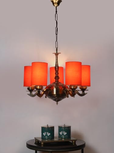 Image of Devansh 05 Lights Orange Round Cotton Shade with Antique Golden Chandelier