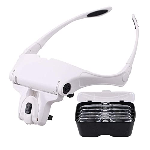 EUROXANTY Lupa Gafas con 2 luz LED Lupas Gran Aumento Leer, Extensiones de Pestañas, Reparación de Joyería, Gafas Lupa Visera, 5 Lentes Intercambiable 1X,1.5X,2X,2.5X,3X,3.5X