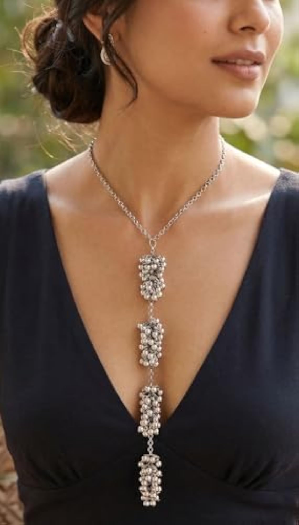 Women's Silver Oxidised Stylish Ethnic Long Pendant Tie Necklace