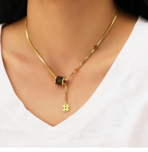 Gold Tone Black Cylinder Pendant with Star Charms Necklace - 18K Stainless Steel3