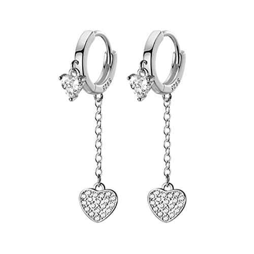 SLUYNZ Sterling Silver CZ Love Heart Hoop Earrings for Women Teens Heart Hoop Earrings Dangle Chain Love Dangle Earrings for Valentines Day