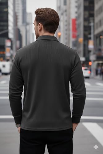 Image of Mack Jonney Men's Premium Ribbed Half-Zip Polo T-Shirt | Long Sleeve Soft Stretch Fabric | Stylish Casual & Smart Wear Top-M6783