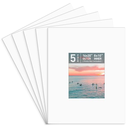 Golden State Art Pack of 5 Pre-Cut 16x20 Picture Mats Bevel Edge 7.5x9.5 Opening for 8x10 Photos White