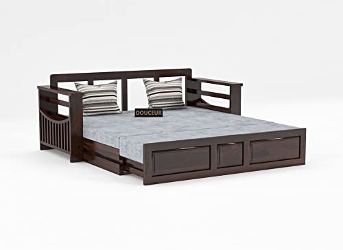 Image of Douceur Furnitures Solid Sheesham Wooden Sofa Cum Bed Queen Size with Storage for Living Room | Wooden Foldable 3 Seater Sofa Cum Bed with Headboard Folding Double Bed for Home Bedroom (Walnut)