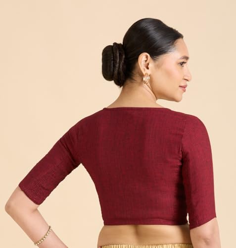 Image of Studio Shringaar Women's Thick Handloom Cotton Plain Side Stretch (Smocked) Readymade Saree Blouse