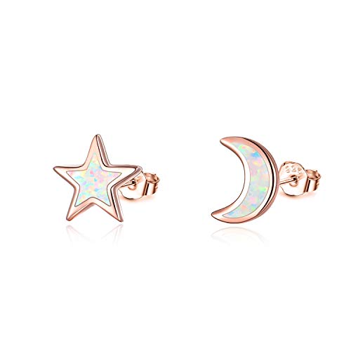 Moon and Star Earrings, Moon and Star Jewelry 18K Gold Plated 925 Sterling Silver Opal Star Earrings Moon Earrings for Women (B-Rose Gold)