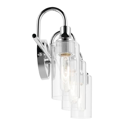 Image of Kichler Kavi 3-Light Bathroom Vanity Light, Chrome | Damp-rated vanity light with clear glass for bathroom mirrors (23 inch x 10 inch), 55211CH