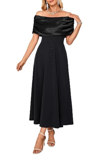 Newshows Cocktailkleid Damen Elegantes Partykleid Abendkleider Schulterfreies Lang Hochzeitsgäste Kleid Schwarz,M