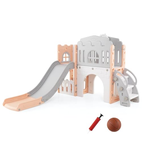 GOPLUS 9 in 1 Kinderrutsche, Kinder Rutsche aus HDPE mit Basketballkorb, Teleskop, Lenkrad, Durchgang, Tunnel, Babyrutsche Indoor für Kinder Spielplatz, Rutsche Outdoor ab 1 Jahr (Grau+ Rosa)