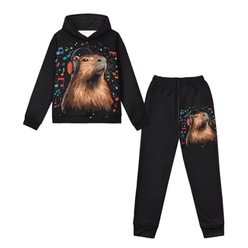 DISNIMO Black Capybara Athletic Set for Boys Girls Jogger Set 8-9 Kids Activewear Hoodies Sweatsuit Outfit Clothes Sets Sweatshirt Hooded and Jogger Pants 2 Piece for Sport
