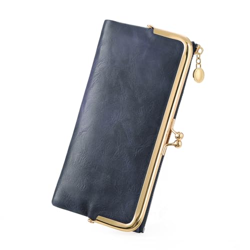 Image of GOIACII Womens Wallet Kiss Lock Bifold Leather Wallets for Women Blue | Vintage Wallet for Women,Ladies Clutch Purse,Women's Card Holder Wallet with Zipper