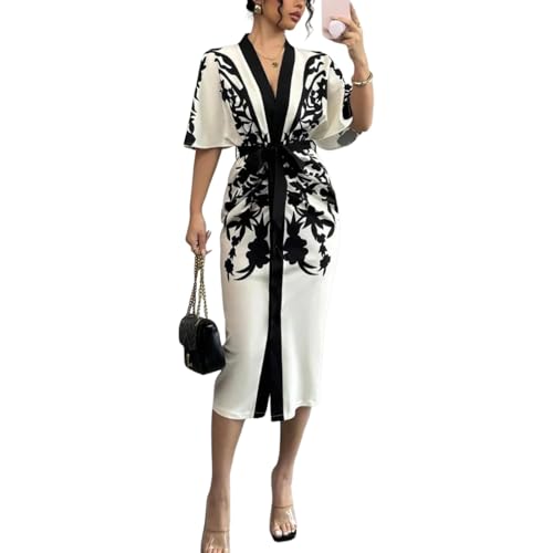 Women's 2025 Summer Black and White Print Classy Trendy V Neck Batwing Short Sleeve Waist Tie Elegant Party Midi Dress