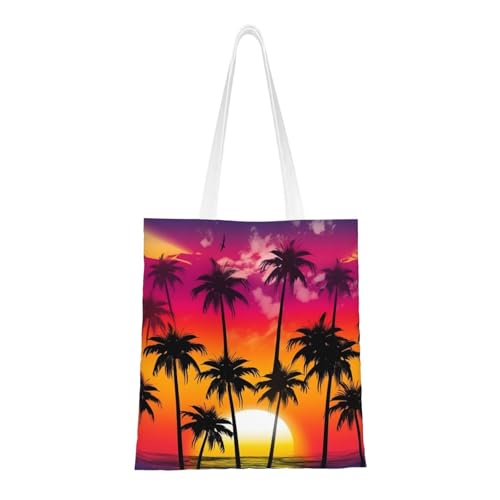 Canvas Tote Bag for Women Shoulder Tote Purse Reusable Grocery Bag Palm Trees and Colorful Sunset Aesthetic Shopping Bags