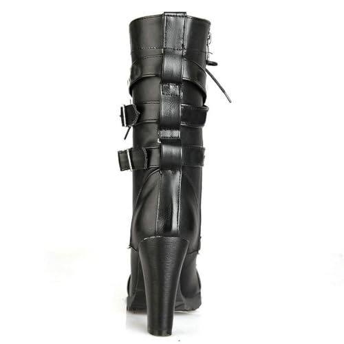 DINTAHA Chunky Goth Boots for Women,Lace Up Mid Calf Combat Boots,High Heeled Combat Boots Gothic Platform Boots With Buckles4