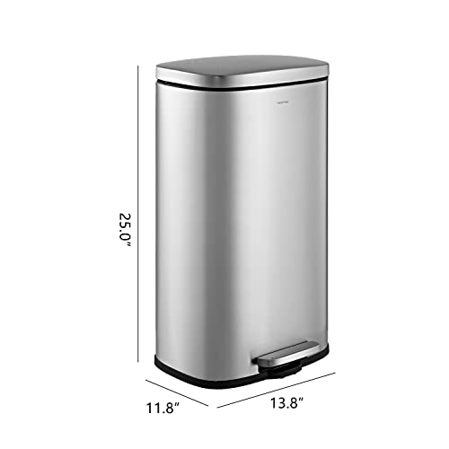 Image of happimess Curtis 8 Gal Step Trash Can Soft Close 25 inch, Platinum Silver | Stainless Steel, Fingerprint Resistant Satin Finish, Removable Liner, Steel Pedal, 20 Trash Bags Included, Kitchen Bin