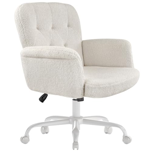 Kerate Home Office Desk Chair, Comfy Fuzzy Upholstered Vanity Chair with Wheels and Arms, Teddy Velvet Cute Adjustable Swivel Computer Seat for Living Room, Bedroom, Make Up and Salon, White