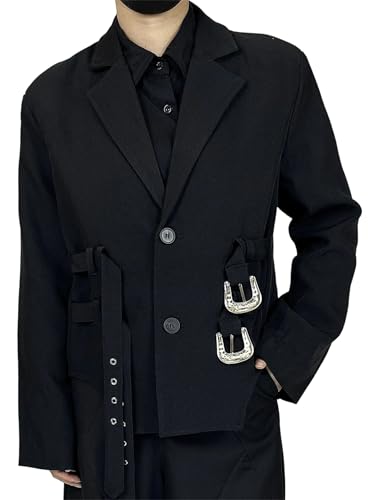 UIOKLMJH Men's Short Suit Jacket Loose Fit Asymmetrical Waist Buckle Decoration Trend Notch Lapel Single Button Blazer Black