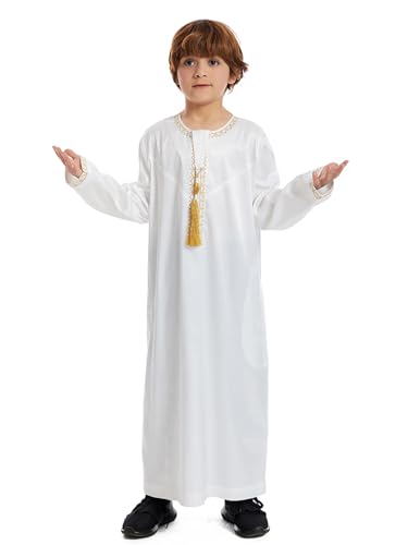 Qianliniuinc Boy's Islamic Dress Round Collar - Youth Long Sleeve Muslim Thobe Arabic Robe Embroidery Clothes with Pockets3