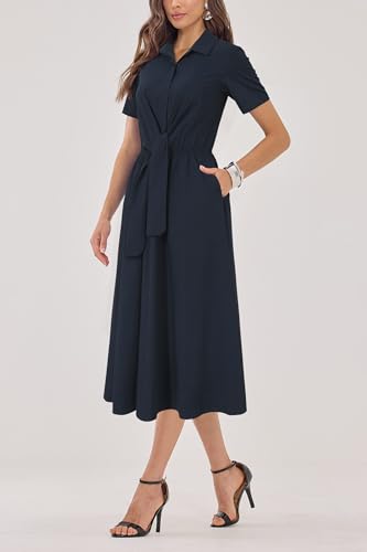 Newshows Womens Wear to Work Teacher Business Casual Outfits Long Dresses Tie Waist Shirt Dress Attire with Pockets4