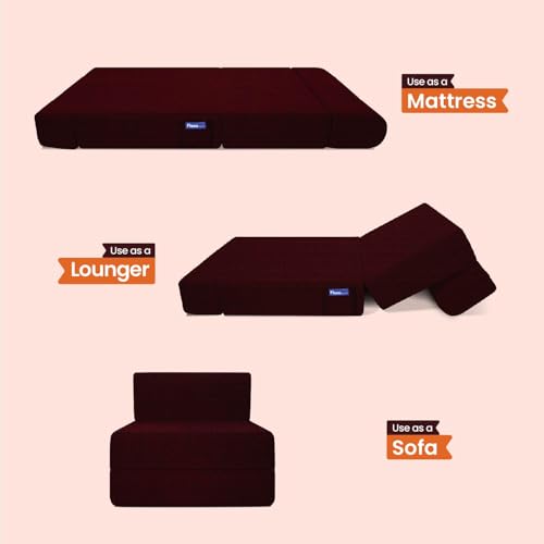Image of Starlon 1 Seater Foldable Sofa Cum Bed 3-in-1 with 1 Floral Pattern Pillows, Washable Jute Fabric Cover, Space Saving Guest Bed, Pre-Assembled Royal maroon2.5x6 Ft