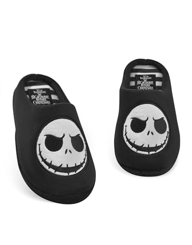 Disney The Nightmare Before Christmas Unisex Slippers | Adults Slip On Mules with Jack Skellington Character Face in Black