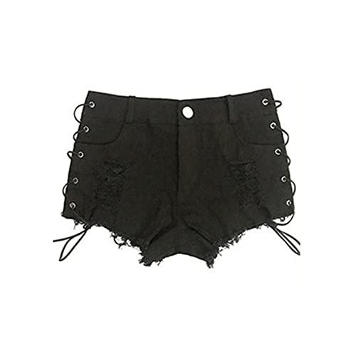 JEKE-DG Women's Low Waist Cutout Denim Shorts Side Lace Up High Cut Ripped Shorts Denim Bandage Beach Clubwear Shorts (Large,Black)