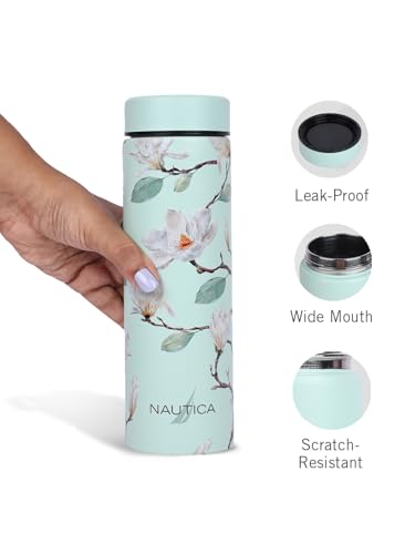 Image of NAUTICA Premium Leak-Proof Insulated Water Bottle - 1pc (Stern)| 500ml | Stainless Steel Flask with 24 Hours Temperature Retention | Ideal for Travel, Gym, Office Use Titanium Printed-Green /Ivory