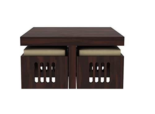Image of TUNGARIYA Furniture Solid Sheesham Wood Coffee Table with 4 Stools | Sheesham Wood Coffee Table for Living Room | Wooden Center Teapoy Table - Walnut Finish