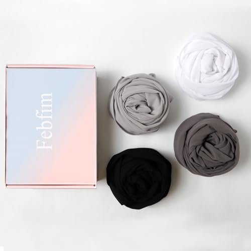Image of 4 PCS Muslim Women Soft Premium Solid Chiffon Hijab Scarves Shawl Long Scarf Wrap Scarves with Gift Box, Mix Color G, 175*70cm