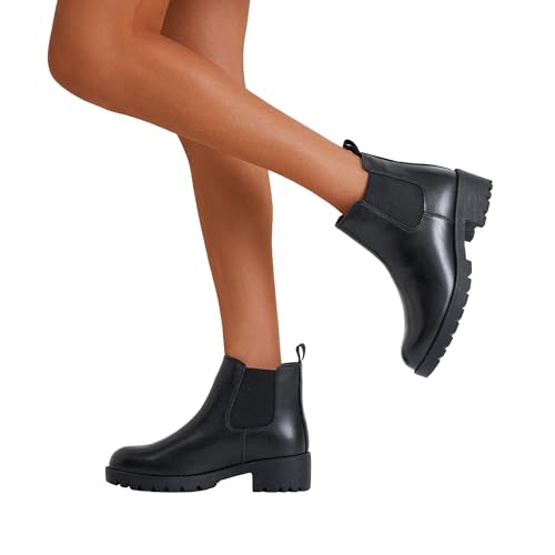 Image of Vepose Women's Chelsea Ankle Boots Pull-On Low Heel Booties 9607 | Flat short boots with elastic side, round toe for casual daily