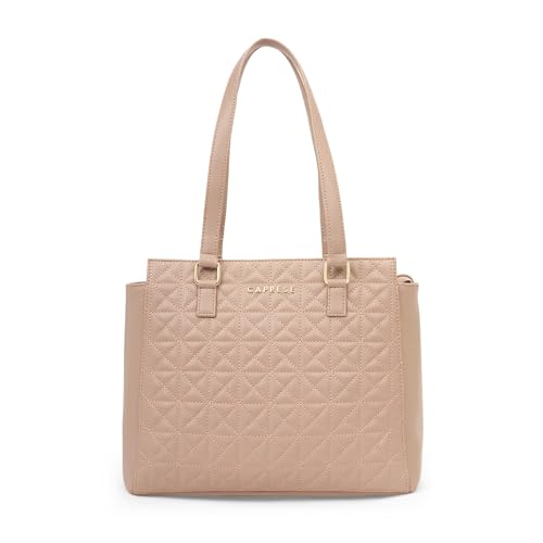 Image of Caprese Shine Medium Tote Bag for Women | Quilted Faux Leather Shoulder Handbag with Multi-Compartments & Zipper Closure | Fits Up to 15 Inch Laptop | Stylish Work, Travel & Everyday Bag (Dark Pink)