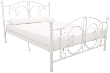 DHP Bombay Metal Platform Bed with Parisian Style Headboard and Footboard, Adjustable Base Height for Underbed Storage, No Box Spring Needed, Full, White