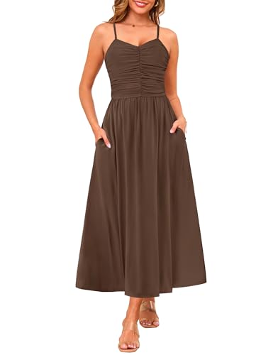 Image of Annebouti Women 2026 Summer Spring Ruched Maxi Dress Adjustable Spaghetti Strap Floral Beach Long Sundress with Pockets