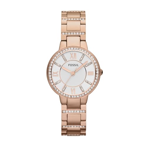 Fossil Virginia Reloj para mujer, movimiento de cuarzo con correa de acero o piel, Tono oro rosa y blanco con purpurina, 30MM Fossil Virginia Reloj para mujer, movimiento de cuarzo con correa de acero o piel, Tono oro rosa y blanco con purpurina, 30MM