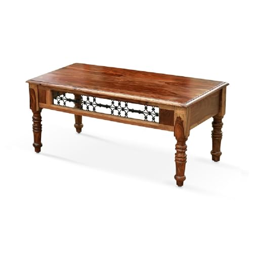 Image of Royaloak Hilton Wooden Coffee Table | Solid Sheesham Wood | Intricate Metal Jaali Work Adds Sophistication | Ample Surface Area | Timeless Center Table | Durable & Long Lasting Coffee Table
