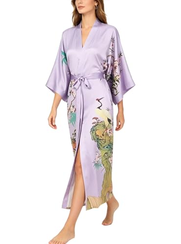 Image of Women's Classic 100% Silk Kimono Robe, Bathrobe-Printed Pattern