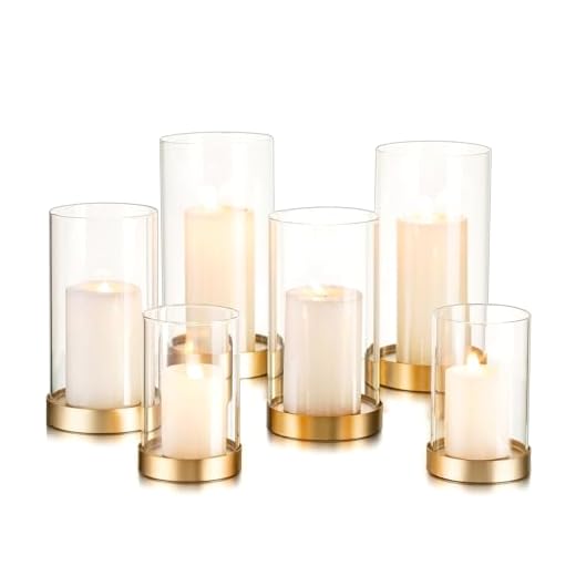 Hewory Hurricane Candle Holder for Pillar Candles: Gold Votive Candle Holders Set of 6, Glass Hurricane with Metal Candle Plate, Pillar Candle Holder for Table Centerpiece Wedding Holiday Home Decor