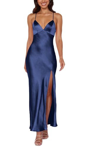 Cosonsen Women's Cocktail Party Dress Satin V-Neck Spaghetti Strap Split Open Back Long Maxi Dresses3