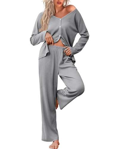 Image of Ekouaer Womens Waffle Knit Pajamas Long Sleeve Lounge Set Button Up Pjs Loungewear with Pockets