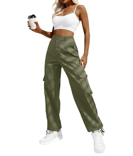 Women 6 Pockets High Waisted Cargo Pants Wide Leg Casual Pants Combat Military Trouser Army Green