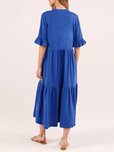Image of Mieazom Short Sleeves Maxi Dress for Women A Line Summer Dress V Neck Casual Loose Tiered Long Dresses with Pockets