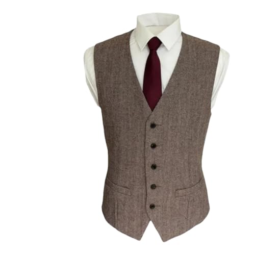 Men's Wool Tweed Herringbone Pattern Formal Pockets Slim Regular Fit Retro Business Weddi Vests