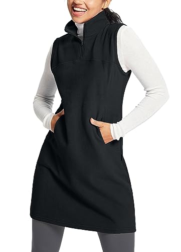 baleaf Women's Polar Fleece Dress Long Vest Sweatshirt Tunic Dress Quarter Zip Pullover Winter Outfits with Pockets Black XL