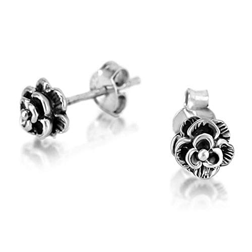 925 Oxidized Sterling Silver Tiny Rose Flower 6 mm Post Stud Earrings For Girls Handmade Gift