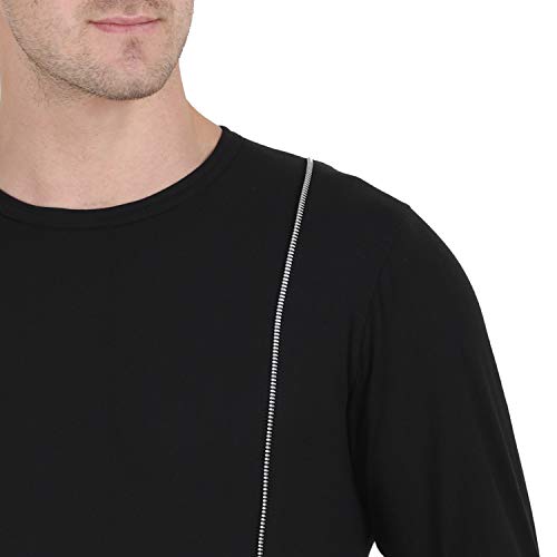 Image of Men Black Zip Detailing Front Round Neck Cotton Full Sleeve T-Shirt