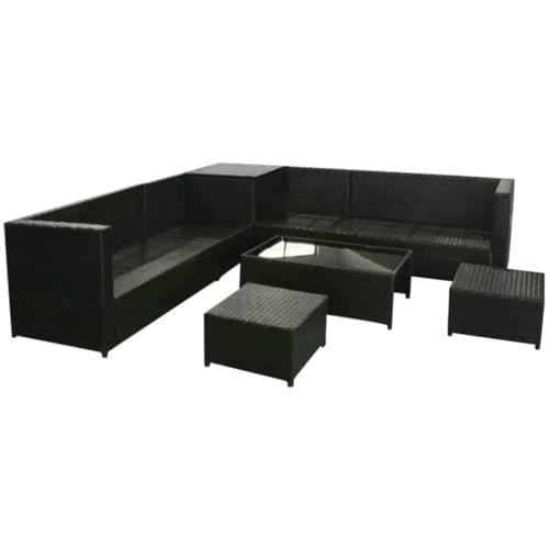 Image of 6-Piece Outdoor Patio Conversation Set, Sofa with Ottomans, and Glass Coffee Table, with Hand-Woven Wicker and Thick Cushions. (Black and Beige)